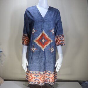 Western Aztec Retro Lightweight Loose V Neck 3/4 Sleeve Dress, Small